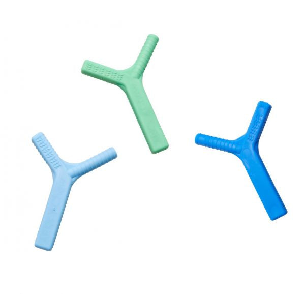Three of the blue variants of Y-Chews.