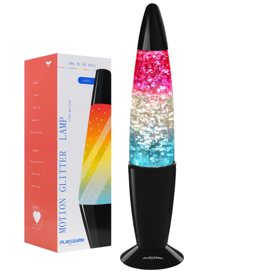 The Motion Glitter Lamp next to the product box.