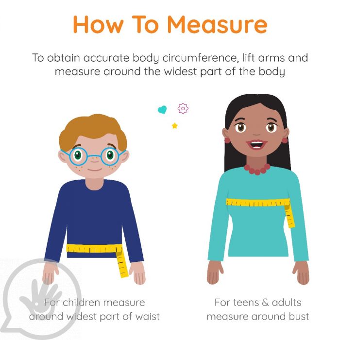 A graphic displaying how to measure children for the Weighted Compression Vest with Motorcycle Graphic. It reads: To obtain accurate body circumference, lift arms and measure around the widest part of the body.