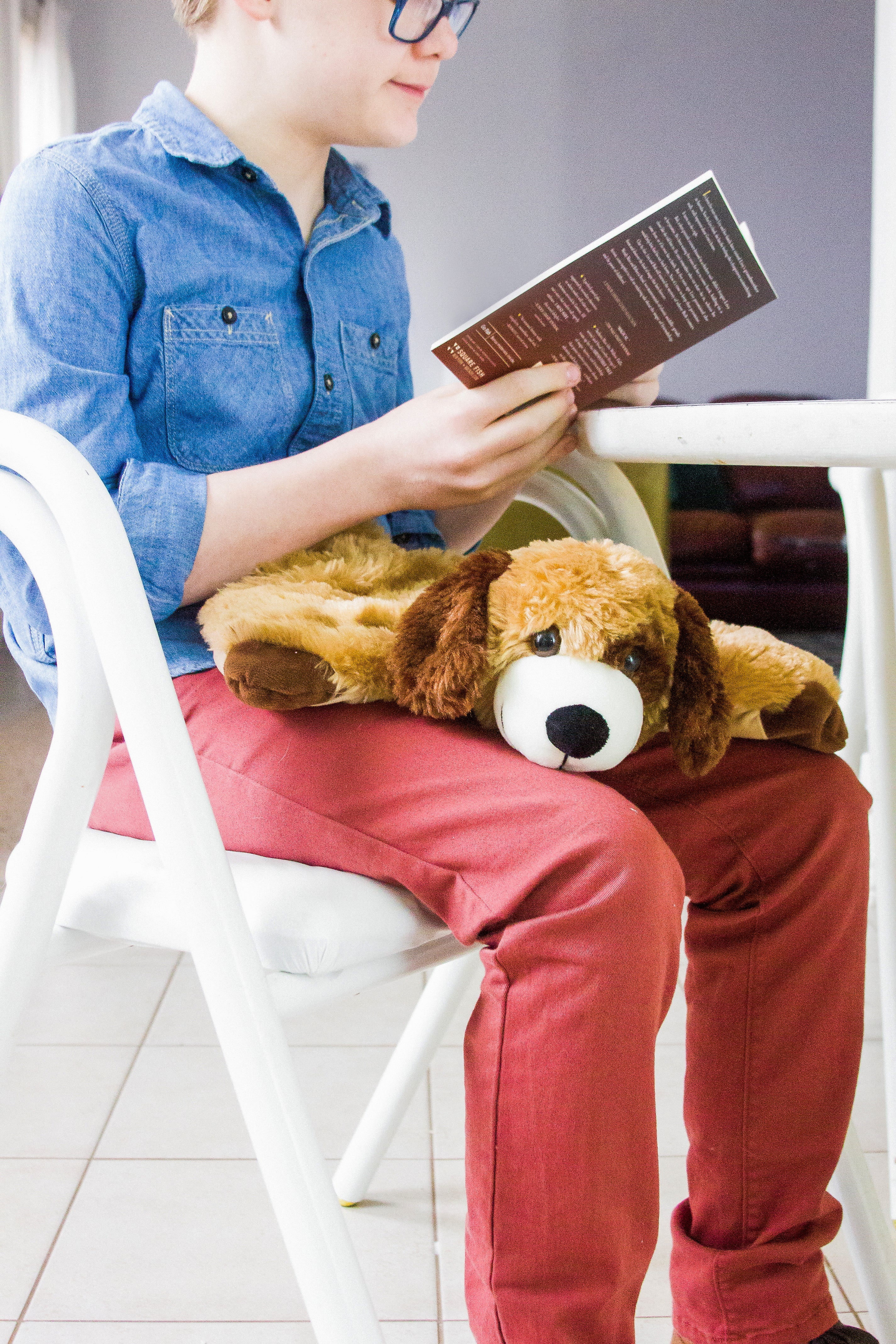 A child with light skin tone and glasses is sitting on a chair and holding open a book. The Weighted Lap Dog is sitting on their lap.
