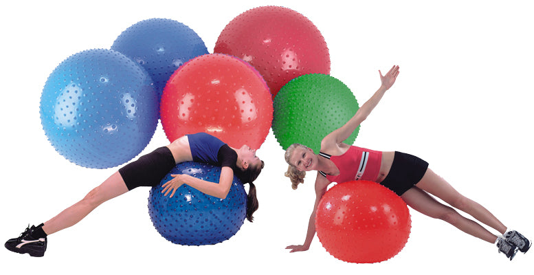 Two people lie across two different Sensi-balls. There are several photoshopped into the frame behind them.