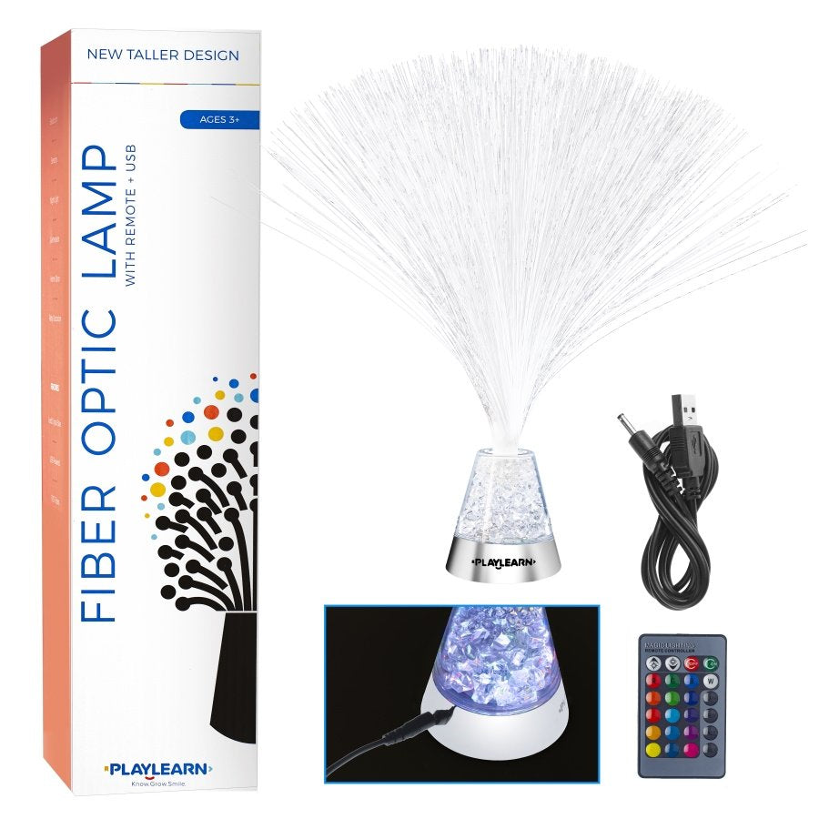 The product package box and featured items that come with the Fiber Optic Lamp.