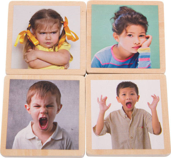 Four different wooden tiles that, when going clockwise starting from the top left tile, show a child in yellow crossing their arms and furrowing their brow, a child in blue putting their head in their hands, a child in a beige button up shirt with their hands up and mouth open, and a child in a white collared shirt with their mouth open and face scrunched.