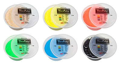 A display of the range of colors of TheraPutty Exercise Putty.
