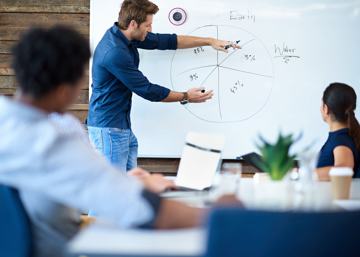 A Time Timer Twist on a white board in an office. A person with short brown hair and light skin tone gestures at a pie chart below the Timer. Two office mates sit blurry in the foreground.