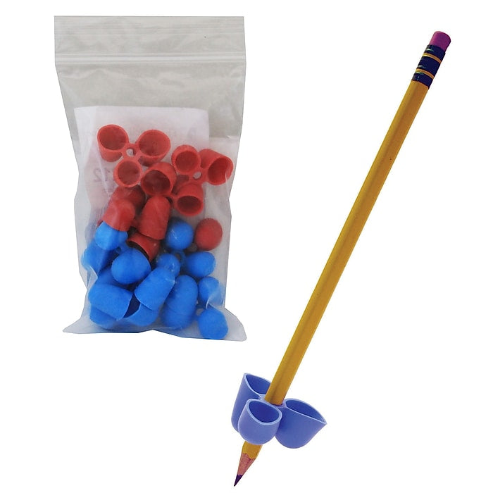 A clear bag shows 12 red and blue CLAW Pencil Grips inside of it. A pencil in the foreground has a blue CLAW Pencil Grip on it.