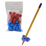 A clear bag shows 12 red and blue CLAW Pencil Grips inside of it. A pencil in the foreground has a blue CLAW Pencil Grip on it.