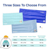 A display of the size options for the weighted lap pads.