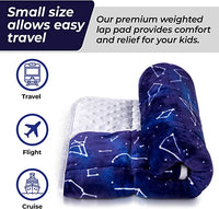 A graphic display advertising the ways to travel with the Weighted Lap Pad.