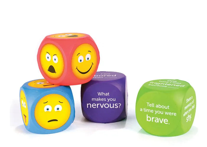 A display of several of the emoji's and prompts on the four different dice that come in the set.