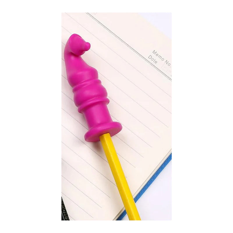 The pink Horse Head Pencil Topper on the tip of a pencil.