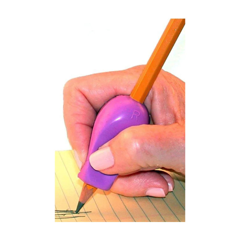 An adults hand holds a purple Pencil Grips Jumbo on a pencil while scribbling on a piece of paper.